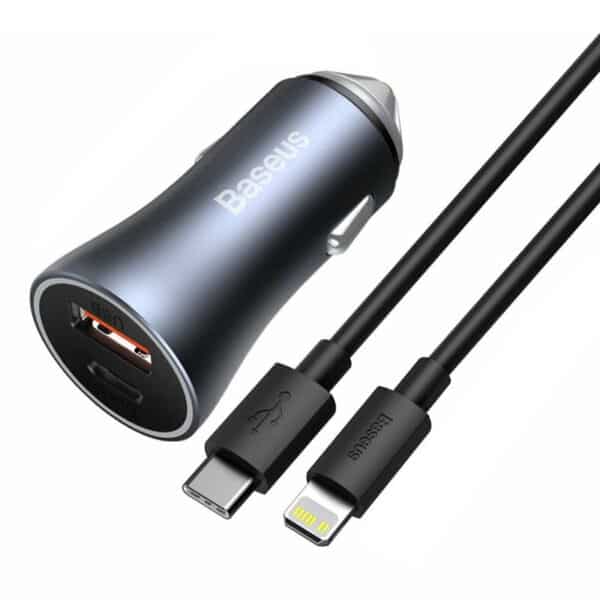 Baseus - Φορτιστής Αυτοκινήτου Golden Pro (TZCCJD-B0G) - USB-A, USB-C, 40W with Cable Type-C to Lightning - Σκούρο Γκρί