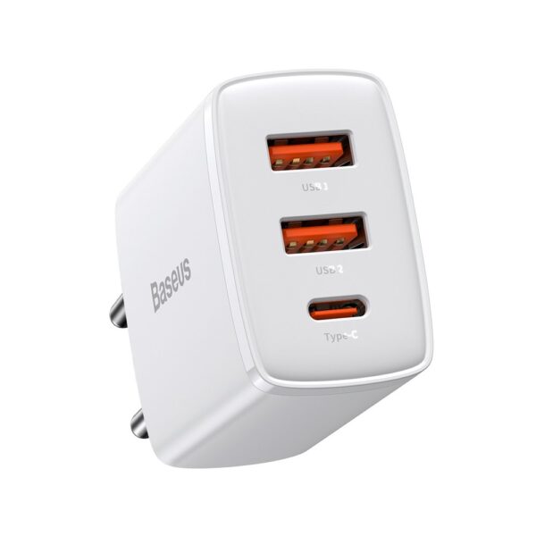 Baseus - Φορτιστής Compact (CCXJ-E02) - USB-C, PD, 30W, 2xUSB-A, QC, 3A - Λευκό