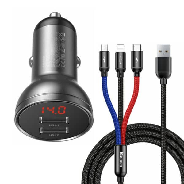 Baseus - Φορτιστής Αυτοκινήτου (TZCCBX-0G) - Digital Display, 2xUSB-A, 24W with Cable USB to Type-C, Lightning, Micro-USB - Μαύρο