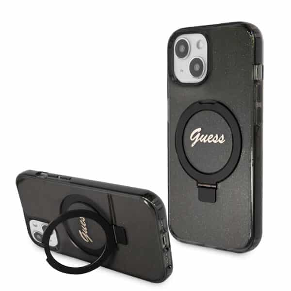 Guess - Ring Stand Script Glitter MagSafe (GUHMP15SHRSGSK) - iPhone 15 - Μαύρο