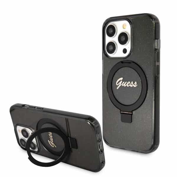 Guess - Ring Stand Script Glitter MagSafe (GUHMP15LHRSGSK) - iPhone 15 Pro - Μαύρο