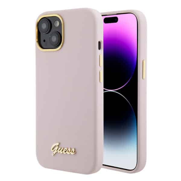Guess - Silicone Script Metal Logo & Frame (GUHCP15SSMBSLP) - iPhone 15 - Light Ροζ