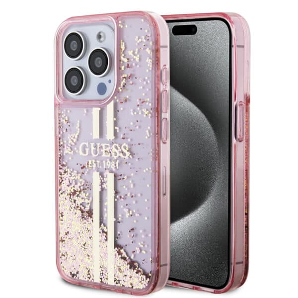 Guess - Liquid Glitter Gold Stripes (GUHCP15XLFCSEGP) - iPhone 15 Pro Max - Ροζ