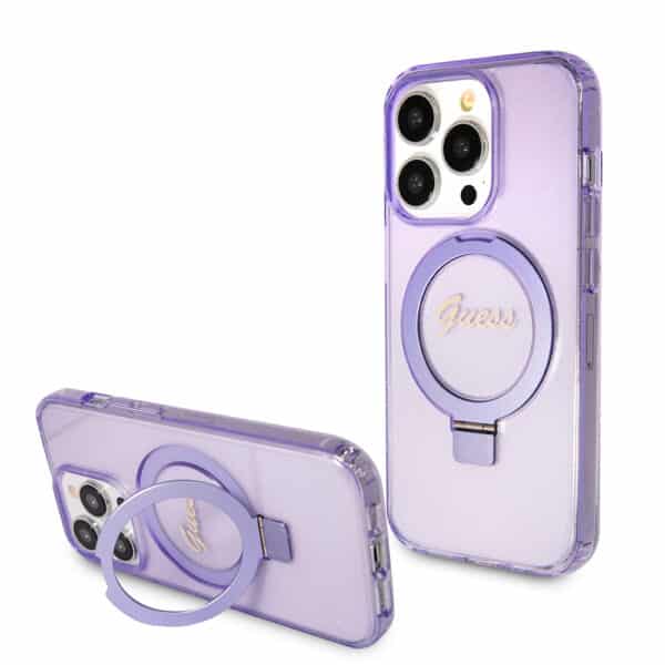 Guess - Ring Stand Script Glitter MagSafe (GUHMP15XHRSGSU) - iPhone 15 Pro Max - Μώβ