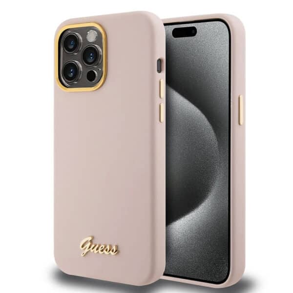 Guess - Silicone Script Metal Logo & Frame (GUHCP15LSMBSLP) - iPhone 15 Pro - Light Ροζ