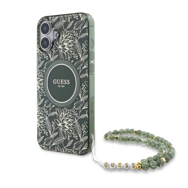Guess - IML Flowers Allover Electro With Pearl Strap MagSafe (GUHMP16MHCPOFPA) - iPhone 16 Plus - Πράσινο