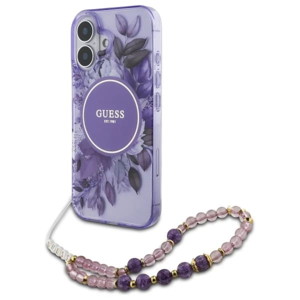 Guess - IML Flowers with Pearl Strap MagSafe (GUHMP16MHFWBRCESU) - iPhone 16 Plus - Μώβ