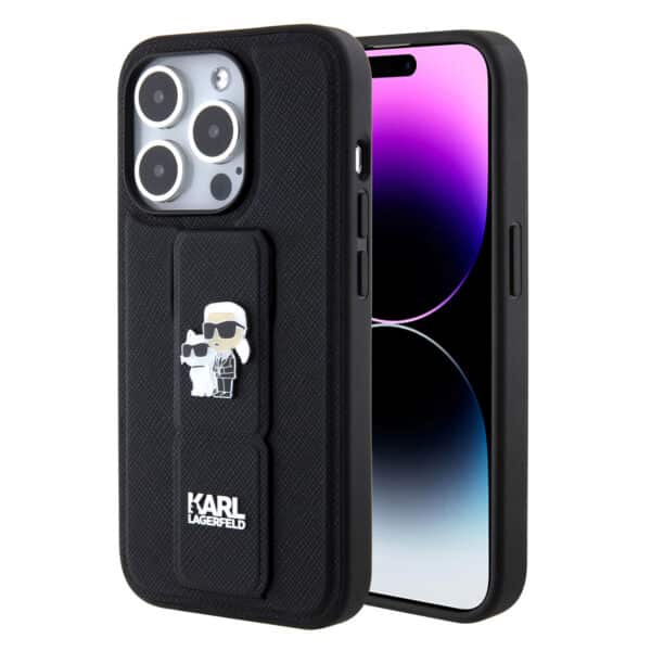 Karl Lagerfeld - Saffiano Gripstand (KLHCP15LGSAKCPK) - iPhone 15 Pro - Karl&Choupette Pins