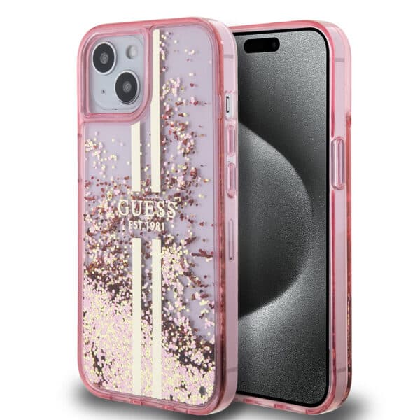 Guess - Liquid Glitter Gold Stripes (GUHCP15MLFCSEGP) - iPhone 15 Plus - Ροζ
