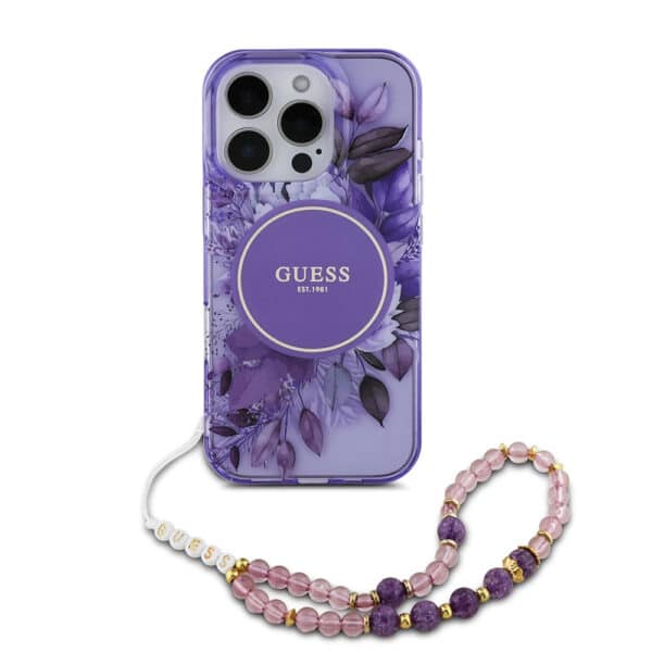 Guess - IML Flowers with Pearl Strap MagSafe (GUHMP16LHFWBRCESU) - iPhone 16 Pro - Μώβ