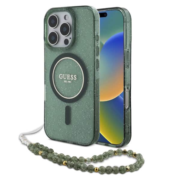 Guess - IML Glitter with Pearl Strap MagSafe (GUHMP16LHGCRELSA) - iPhone 16 Pro - Πράσινο