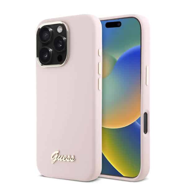Guess - Silicone Script Metal Logo & Frame (GUHCP16LSMBSLP) - iPhone 16 Pro - Ροζ