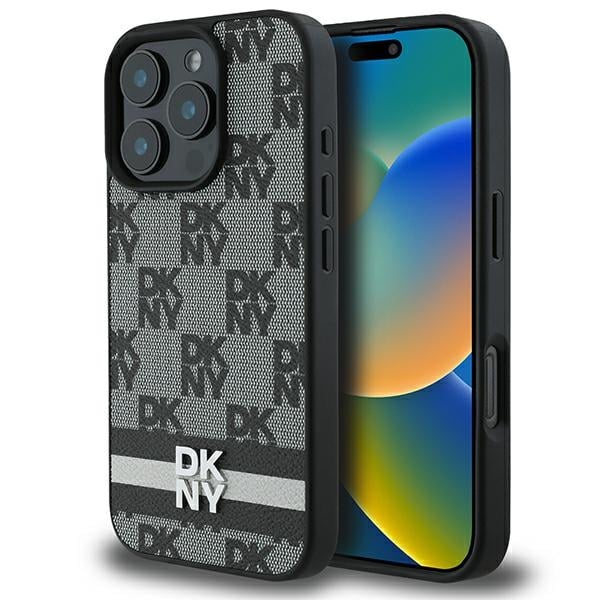 DKNY - Leather Hardcase Checkered Pattern & Printed Stripes (DKHCP16LPCPTSSK) - iPhone 16 Pro - Μαύρο