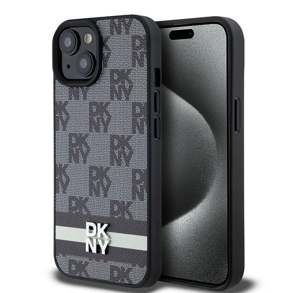 DKNY - Leather Checkered Mono Pattern & Printed Stripes (DKHCP15MPCPTSSK) - iPhone 15 Plus - Μαύρο