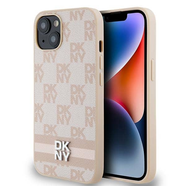 DKNY - Leather Checkered Mono Pattern & Printed Stripes (DKHCP15MPCPTSSP) - iPhone 15 Plus - Ροζ