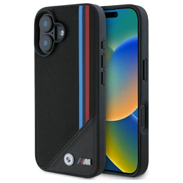 BMW - Leather M Meshed Tricolor Stripes MagSafe (BMHMP16S23PUTRK) - iPhone 16 - Μαύρο