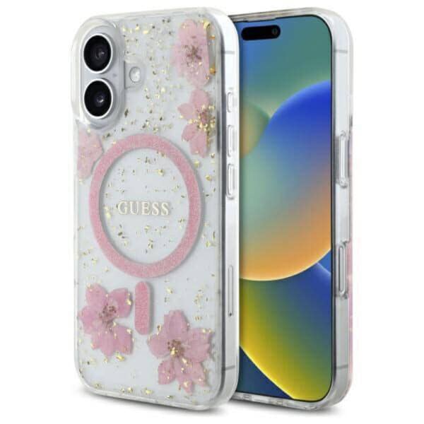 Guess - Hardcase Resin Flowers and Glitter MagSafe (GUHMP16SRBFGFGMP) - iPhone 16 - Ροζ