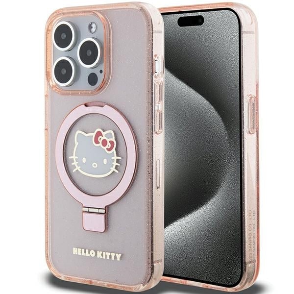 Hello Kitty - Hardcase Ring Stand Glitter Electrop Logo MagSafe (HKHMP15LHRSGEP) - iPhone 15 Pro - Ροζ