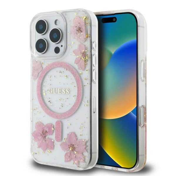 Guess - Hardcase Resin Flowers and Glitter MagSafe (GUHMP16LRBFGFGMP) - iPhone 16 Pro - Ροζ