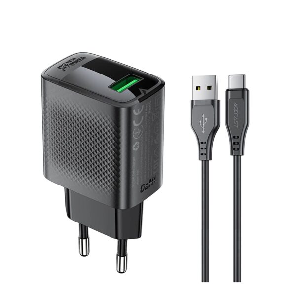 Acefast - Φορτιστής Set (A90) - με καλώδιο Type-C, USB, 18W, GaN Technology, Quick Charger - Μαύρο